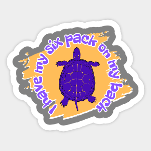 I have my six pack on my back - blue turtle on an orange background Sticker